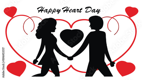 Couple walking hand in hand surrounded by hearts on valentines day