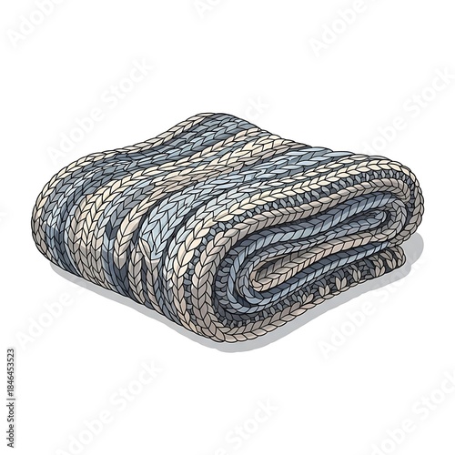 A neatly folded, cozy knitted blanket in soft blue, gray, and white tones, perfect for warmth