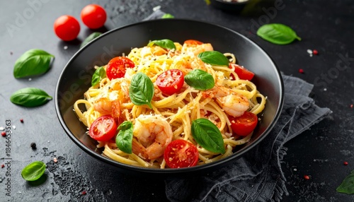 Delicious Italian pasta dish of spaghetti with tomato sauce and shrimp for a healthy gourmet dinner