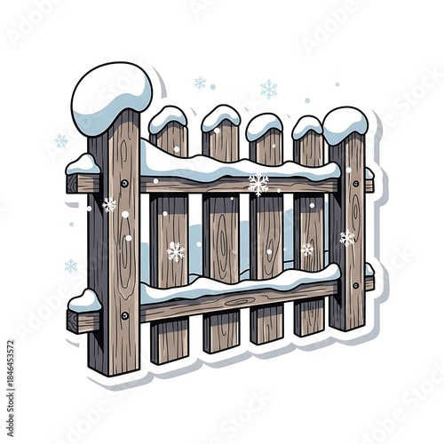 Snow-covered wooden picket fence with falling snowflakes in a winter illustration