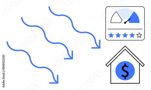 Economic decline. Visual ion of economic decline using arrows, credit score gauge, and financial housing symbol. Economic decline impacting finance, credit, property, and investments. For economics