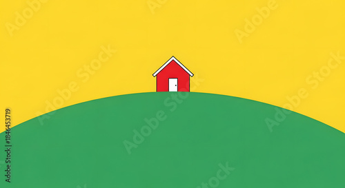 Simple red house on green hill yellow sky minimalist cartoon illustration graphic design isolated peaceful home