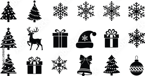Christmas vector icons set, festive holiday symbols, black and white illustration, snowflakes, trees, gifts, reindeer, Santa hat, ornaments, bells, decorations