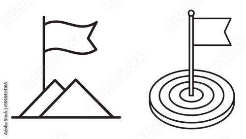 Achievement Icons Flag on Mountain Peak and Target Bullseye