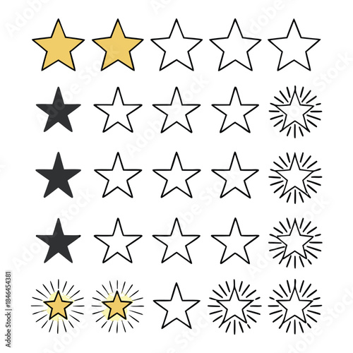 Rows of star icons with varying fill colors and styles for rating stars review