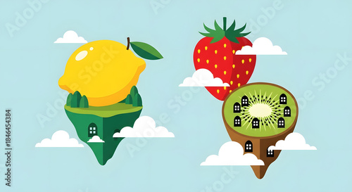 Whimsical cartoon fruit islands floating in blue sky lemon strawberry kiwi digital flat minimal vector