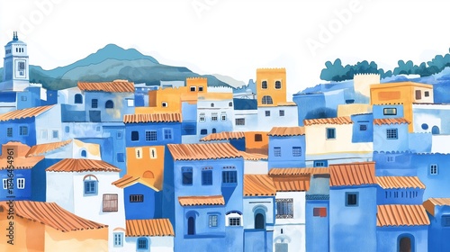 Chefchaouen Blue City. Chefchaouen Blue City hand drawn watercolor illustration on white background