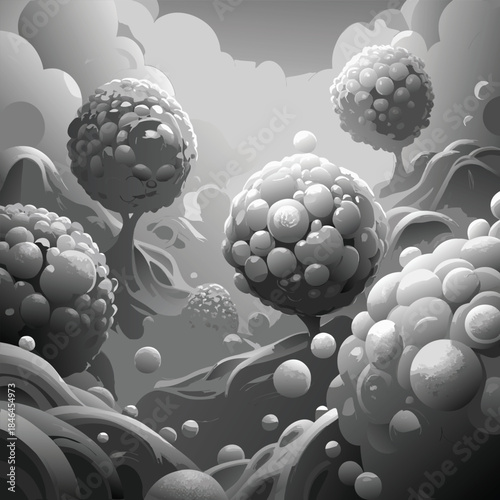 Surreal alien landscape with spherical trees and abstract organic shapes in grayscale vector illustration
