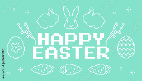 Easter pixel art with bunny silhouette, decorated eggs, basket, carrot and spring branches. Retro 8-bit holiday design on soft mint blue background with clean white icons. Delicate cute design