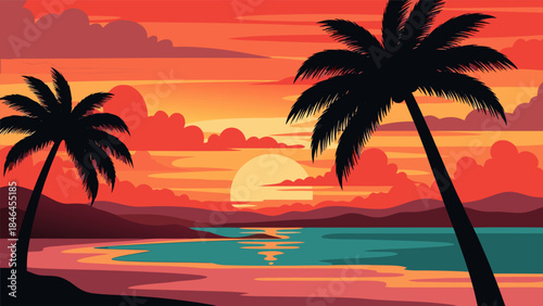 Vibrant sunset over a tropical beach with silhouetted palm trees and calm ocean waters.