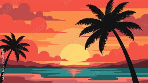 Vibrant sunset over a tropical ocean with silhouetted palm trees and colorful clouds.