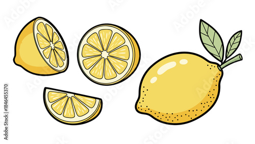 A whole lemon and several slices of lemon, including a half and a wedge, are depicted against a white background.