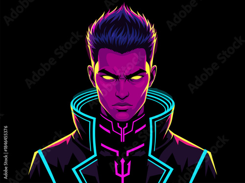 A striking digital illustration of a man with glowing yellow eyes and purple skin, wearing a futuristic black jacket with neon blue and pink accents.