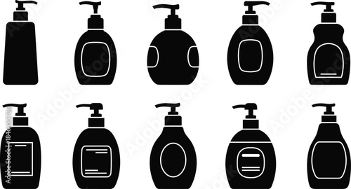 Group of Black Liquid Soap and Lotion Dispenser Silhouettes Keywords: mbed vector illustration icon