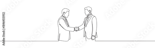 Continuous one line drawing of two men shaking hands. Vector illustration of business partnership deal isolated on white background. Minimalist agreement concept
