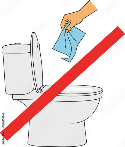 Do Not Flush Wet Wipes Illustration Showing Hand Throwing Tissue into Toilet with Red Prohibition Sign for Plumbing Safety Awareness