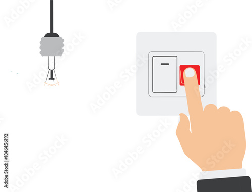 Hand Turning Off Light Switch Illustration Showing Broken Bulb, Electricity Control, Energy Saving, Power Shutdown, and Electrical Safety Concept