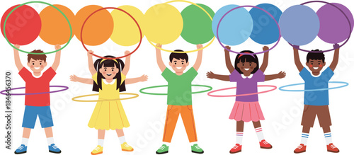 Happy Diverse Children Playing with Colorful Hula Hoops Together, Active Play, Friendship, and Childhood Fun Illustration