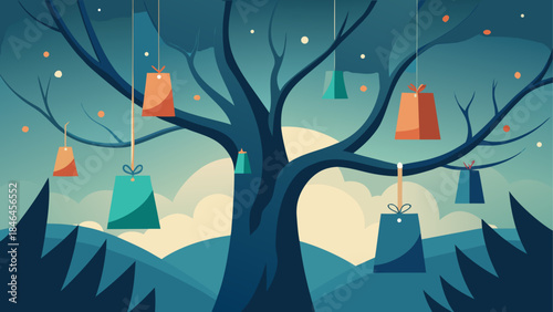 Whimsical tree with hanging lanterns isolated on transparent background