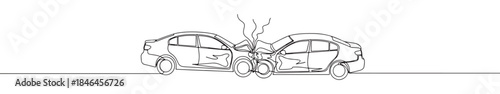 Continuous one line drawing of a car accident. Vector illustration of two cars colliding isolated on white background. Minimalist collision concept