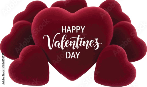A beautiful collection of deep red velvet hearts, featuring a large central heart with "Happy Valentine's Day" text, surrounded by smaller hearts.