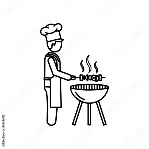 A chef in a hat and apron grilling skewers of meat over a barbecue grill.