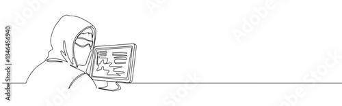 Continuous one line drawing of a hacker at a computer. Vector illustration of cyber security threat isolated on white background. Minimalist crime concept