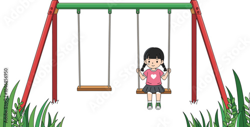 Cute cartoon girl sitting on playground swing, happy childhood outdoor activity concept, kids playtime, fun leisure, simple illustration vector