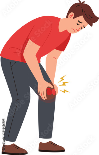 Man holding painful knee injury illustration, joint pain and healthcare concept showing inflammation, accident, arthritis, physical discomfort, medical problem awareness