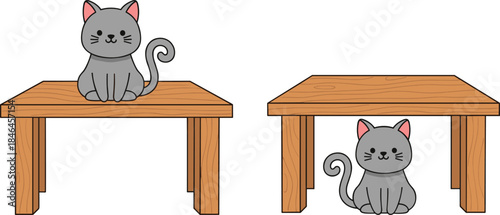 Cute gray cat sitting on and under wooden table illustrating object position concepts, prepositions, learning, and simple cartoon illustration style