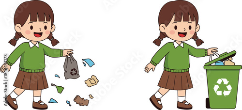 Cute schoolgirl throwing trash incorrectly and recycling waste properly, environmental education illustration promoting cleanliness, recycling habits, and eco friendly behavior
