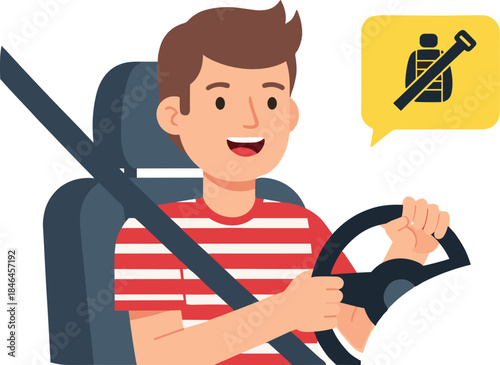 Smiling young man driving car wearing seat belt, road safety concept illustration showing responsible driving behavior and passenger protection awareness
