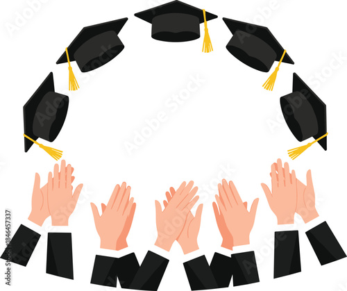 Graduation celebration illustration with flying mortarboards and applauding hands symbolizing academic success, achievement, education milestone, commencement ceremony, vector design concept