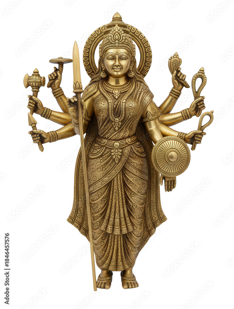 Obraz premium Golden brass statue of Goddess Durga killing the buffalo demon Mahishasura (Mahishasura Mardini), representing the triumph of good over evil.