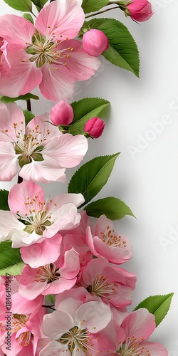 Delicate Soft Spring Blossom Frame with Elegant Pink Flowers Corner on White Background for Weddings