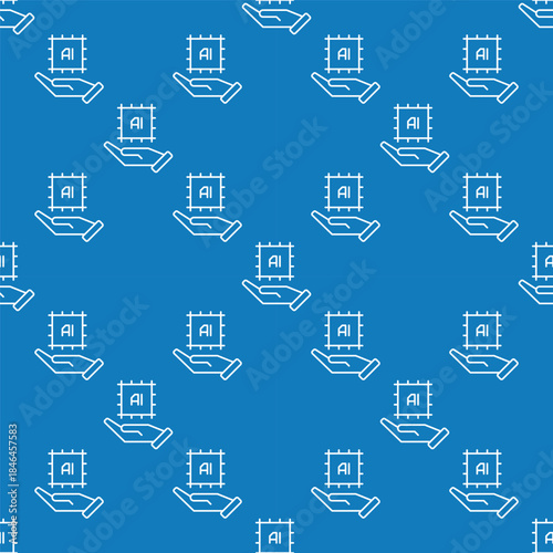 Hand with AI Chip vector Artificial Intelligence thin line seamless pattern