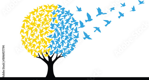 Abstract tree transforming into flying birds symbolizing freedom, growth and life change, modern nature concept illustration isolated on white background