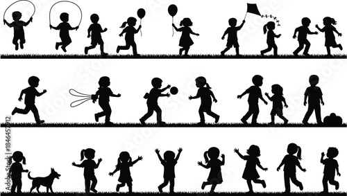 Children playing silhouette panorama showing running, jumping, balloons, kite and games, happy childhood outdoor activities isolated on white background