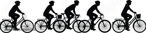 Cyclist silhouette sequence showing people riding bicycles in different positions, urban commuting and outdoor cycling activity isolated on white background