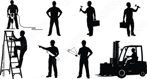 Construction worker silhouettes performing industrial tasks, jackhammer, ladder climbing, forklift operation, blueprint review, hammering, wrenching, toolbox carrying, diverse trades, safety icons
