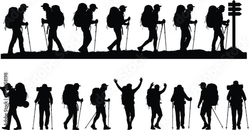 Hikers and Backpackers Silhouettes Walking with Trekking Poles and Gear Isolated on White Background for Outdoor Adventure, Travel, and Exploration Concept Illustration