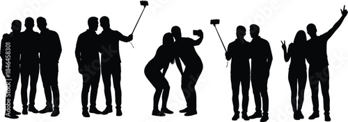 People taking selfies silhouette set showing friends posing, group photography moments, social media lifestyle concept isolated on white background