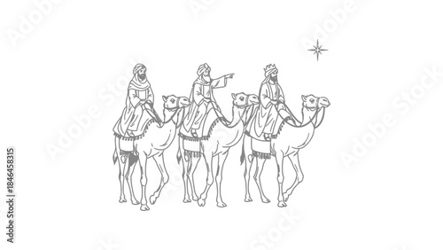 Three wise men riding camels following the star black and white line art