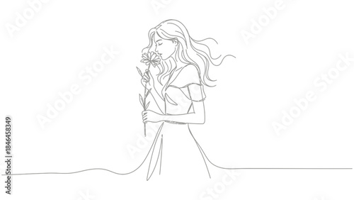 Continuous line drawing of a woman smelling a flower on white background