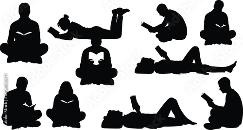 Silhouettes of People Reading Books in Various Relaxed Poses Isolated on White Background for Education Lifestyle Concept Illustration