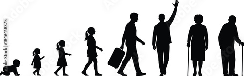 Silhouette illustration showing human life stages from baby to elderly, aging process concept, lifespan development, growth and time progression