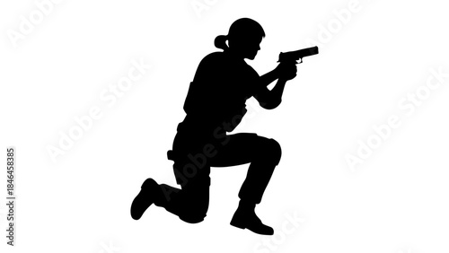 Silhouette of woman kneeling and aiming a handgun on white background