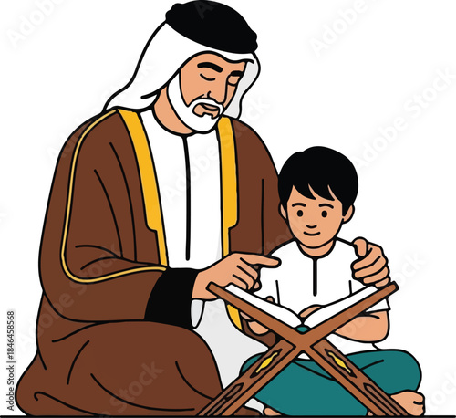 Arab Man Teaching Boy Reading Quran, Traditional Islamic Education Vector Illustration