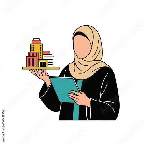 Arab Woman Architect Holding Building Models and Tablet, Isolated Vector Illustration