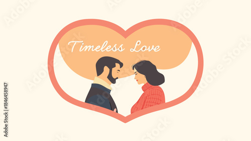 Illustration of a romantic couple kissing in a heart shaped frame with timeless love text on a beige background